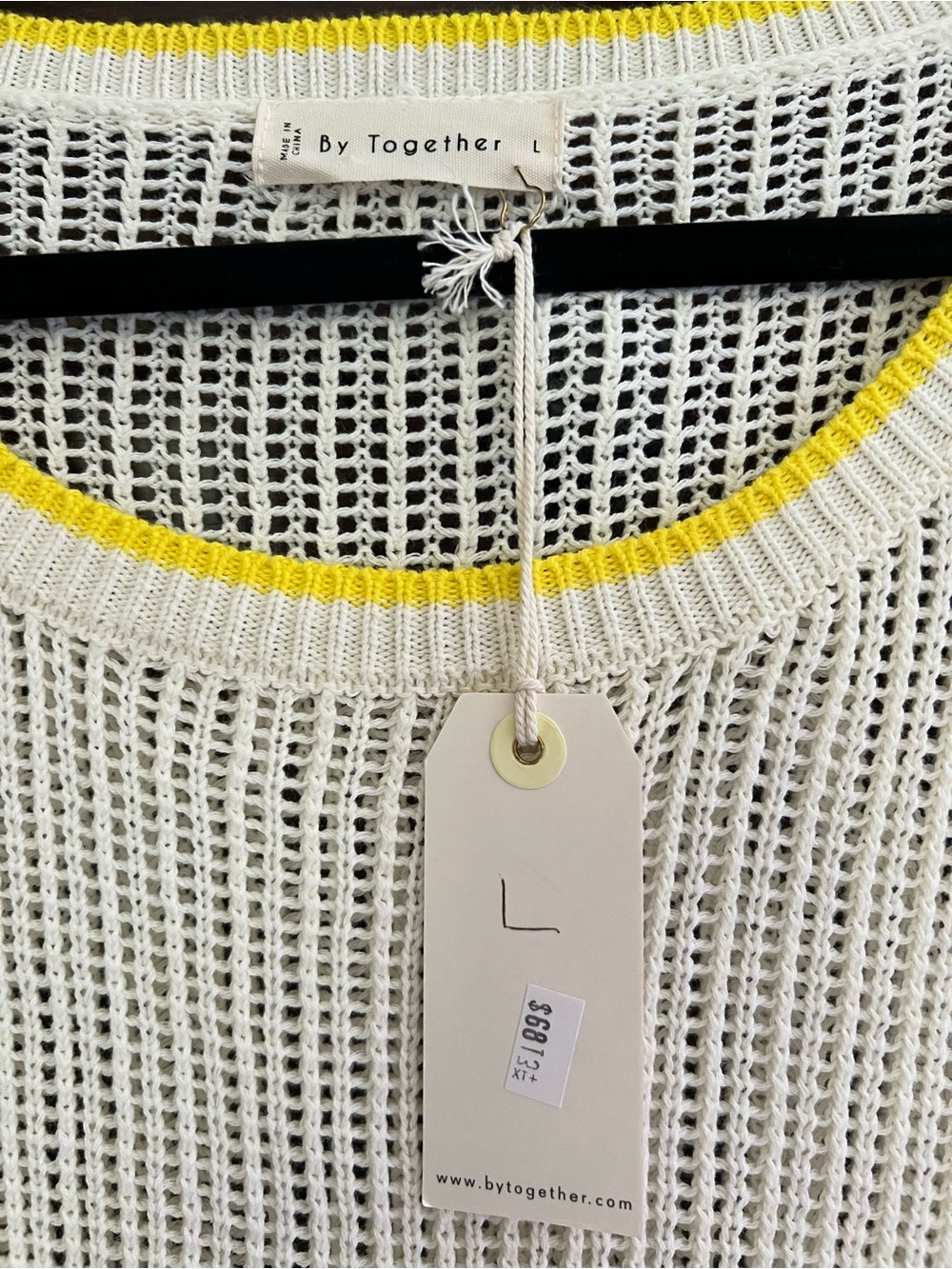 NWT By Together Large Off-White Open-Knit Scoop Neck Top with Yellow Trim - Picture 3 of 6